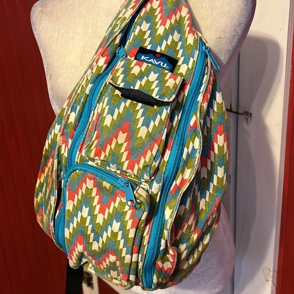 Kavu Green and Red Belt Sling  Bag with Geometric Pattern